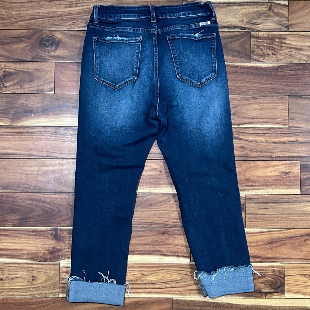 KanCan 31 High Rise Distressed Dark Denim Cuffed Cropped Cotton Blend Jeans - Picture 4 of 7